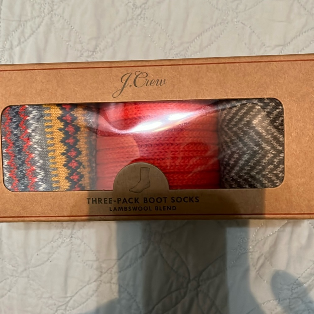 J Crew box set three pack, boot socks Lambswool blend. new in box.
